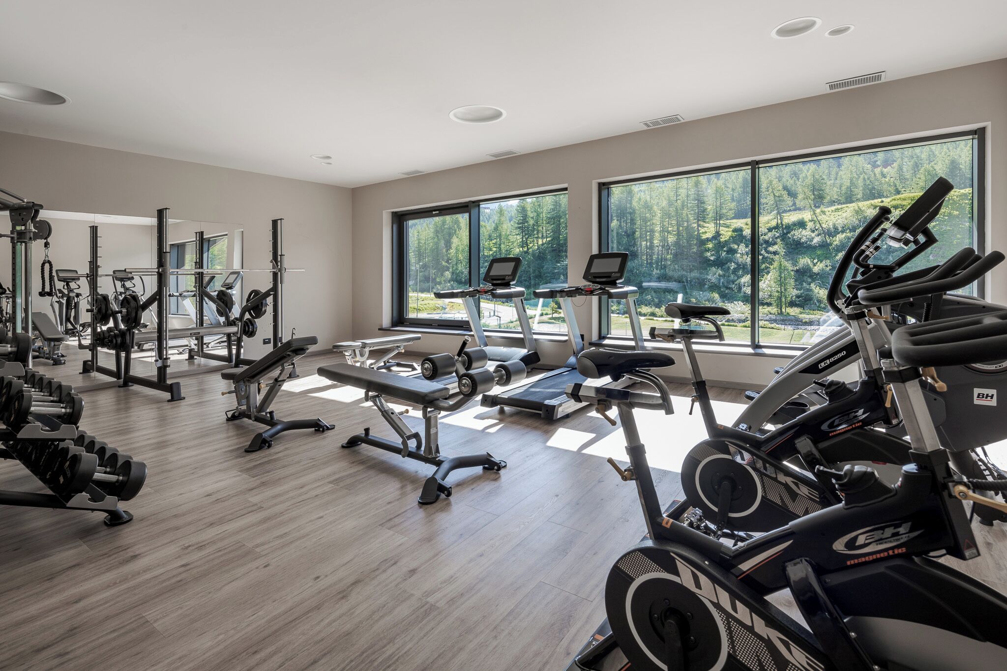 A modern gym with various exercise equipment, large windows offering a view of a forested area.