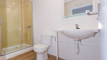 A bathroom with a glass shower enclosure, a toilet, and a sink with a mirror above it.