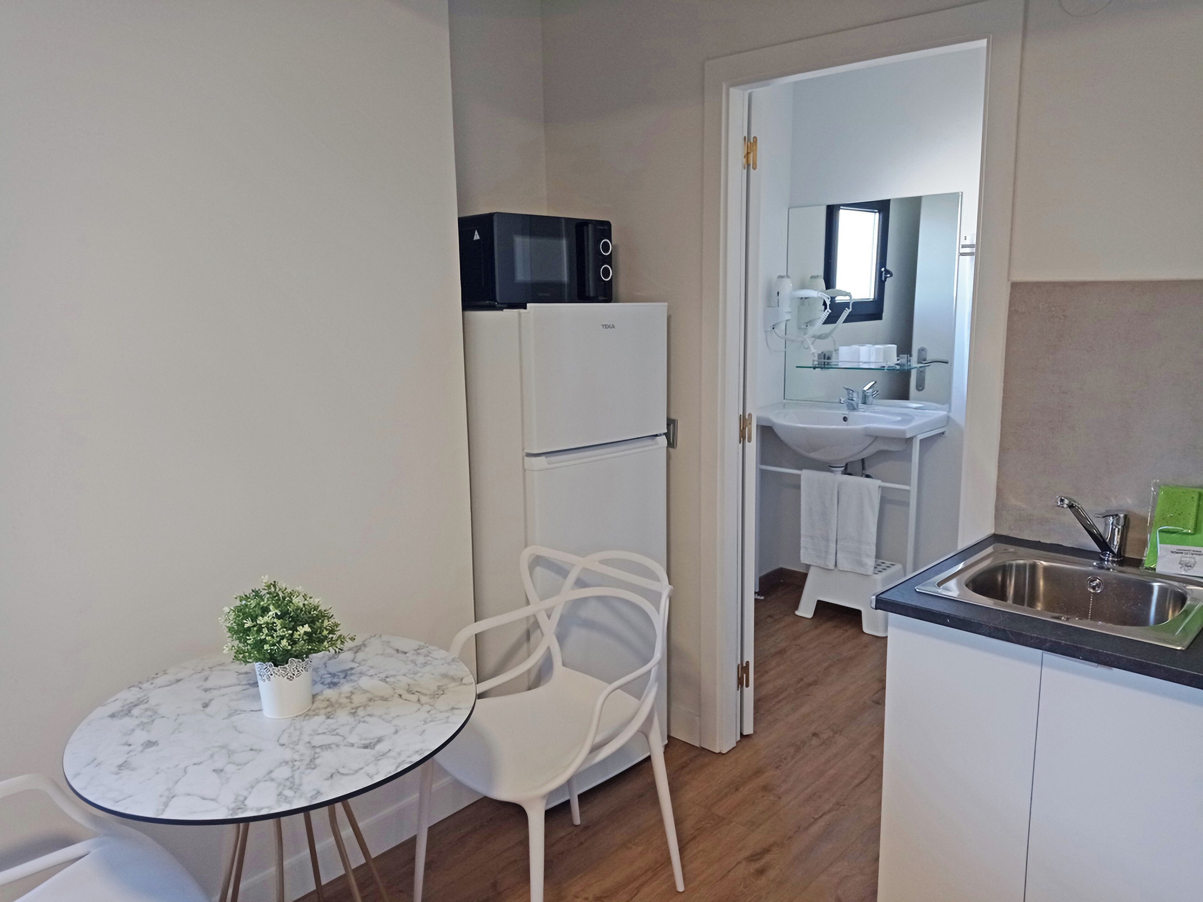 A compact kitchen with a white refrigerator, a microwave, a sink, and a small table with a plant.