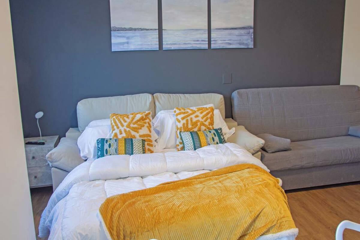 Un dormitorio moderno con una cama, dos sofás y una mesita de noche.