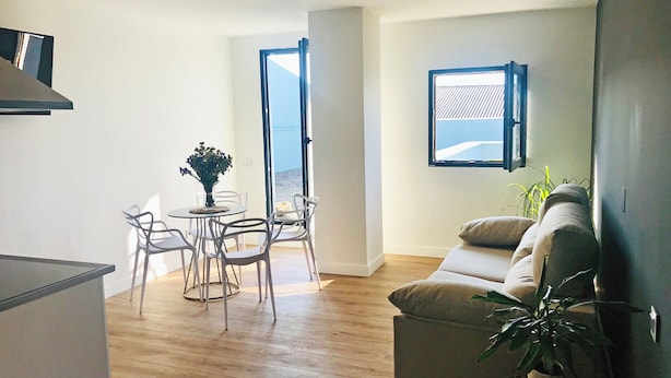 Un salon moderne avec un canapé, une table à manger et des chaises, ainsi qu’une plante en pot.