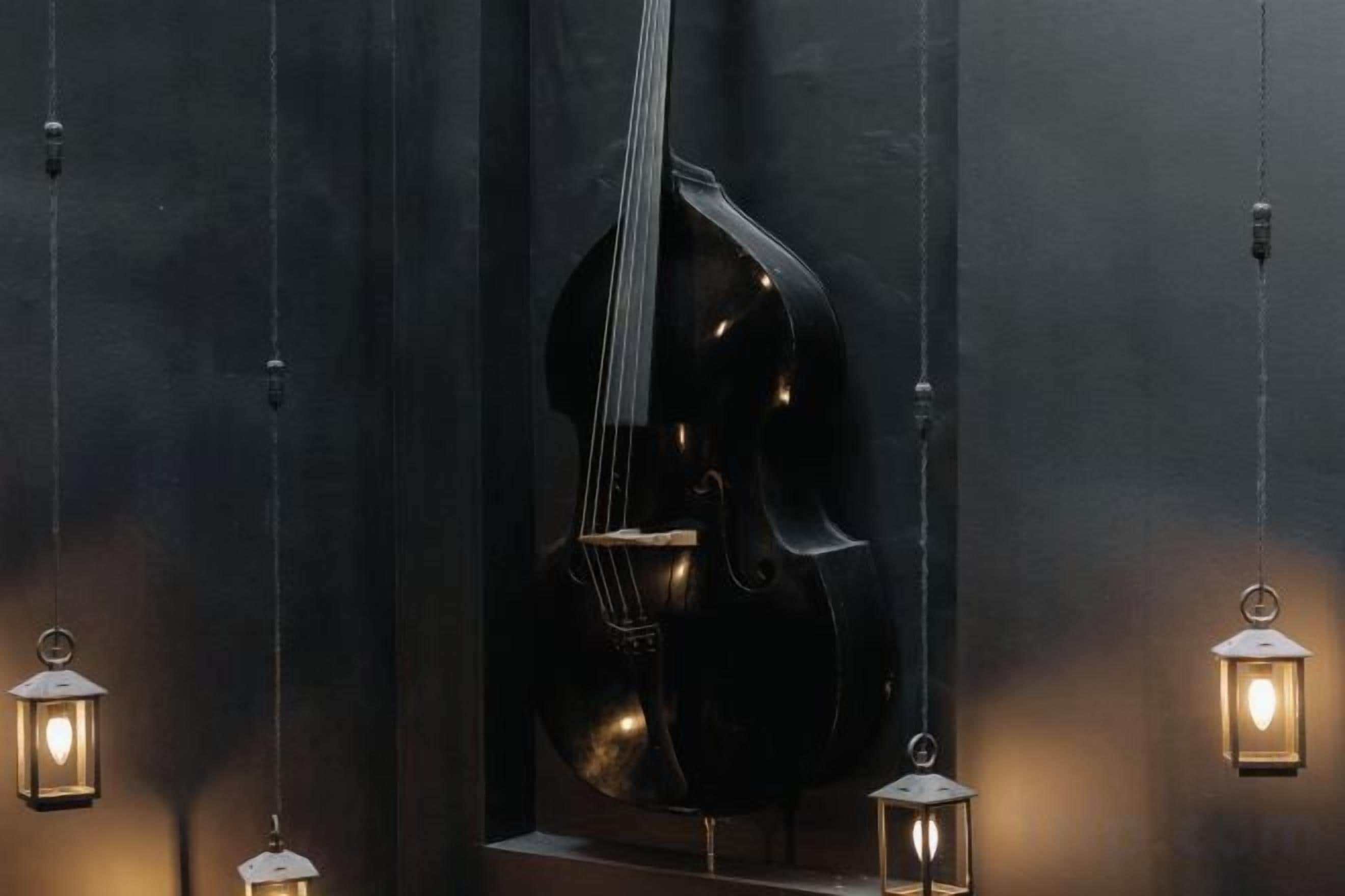 Una habitación con un gran violonchelo negro colgado en la pared, rodeada de lámparas colgantes de estilo farol.