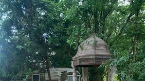 A rustic gazebo with a wooden roof and a stone base, surrounded by a garden with a small pond and a vintage camper in the background. - The Green Egg - Vintage RV Glamping (Terrell)