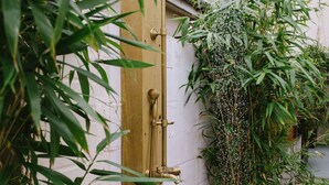 Une porte en bois avec une poignée en laiton, un petit paillasson en bois devant l’entrée et un pot noir contenant une plante haute placé à côté.