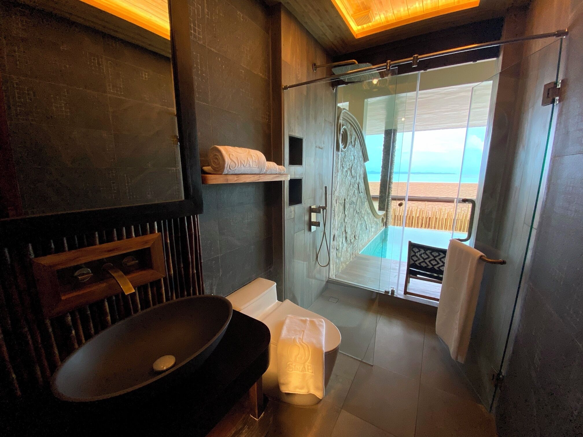 Un bany modern amb un lavabo gran, vàter i plat de dutxa amb envidriera i vistes a la platja.