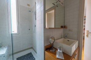 Shower, hair dryer, bidet, towels