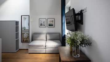 Large Studio with Kitchen and Sofa Bed | 起居区 | 43-英寸纯平电视 (配备卫星频道)、电视