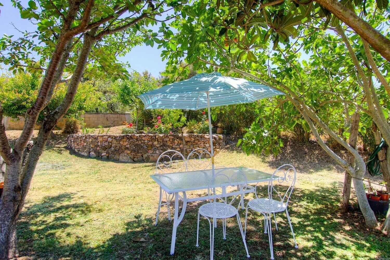 Een terras met een tafel en stoelen onder een groene parasol, omringd door bomen en een stenen muur.