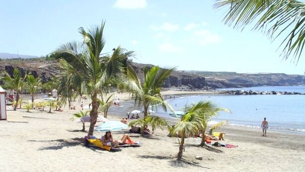 A beach with palm trees, umbrellas, and people relaxing. - Casa Denise  (Playa San Juan)