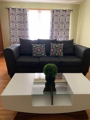 A living room with a black sofa, patterned cushions, a glass coffee table with a plant, and patterned curtains. - Free Parking/ Wifi/ Family Home 2 Min to the Falls (Niagara Falls)