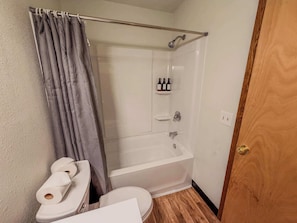 Bathtub, hair dryer, towels, shampoo