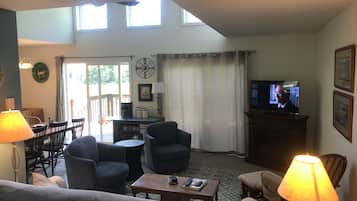 Älytelevisio, takka, DVD-soitin, videokirjasto