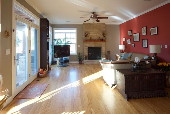 Smart TV, fireplace, books, printers