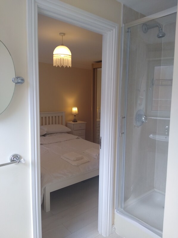 Combined shower/bathtub, hair dryer, towels, soap