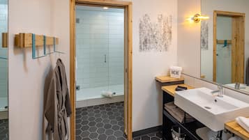 Shower, eco-friendly toiletries, hair dryer, bathrobes