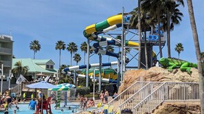Un parc aquatique doté de plusieurs toboggans, d’une zone de piscines et de palmiers.