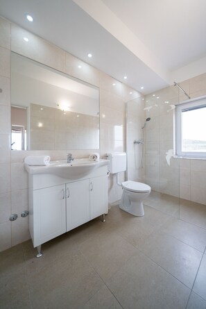 Features a sleek vanity, standalone toilet, and glass-enclosed shower.
