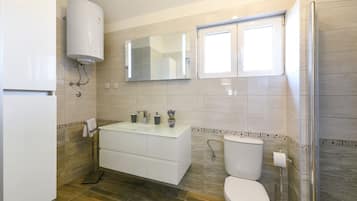 A modern bathroom with a white vanity, a toilet, a shower, and a large mirror.