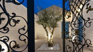 Ein Innenhof mit Baum, einem Metallgitter und einem Gebäude mit blauen Türen.