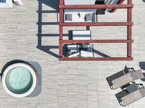 An aerial view of a poolside area with a wooden deck, a circular pool, and a seating arrangement with a table and chairs. - Villa Tia Zadarvillas (Policnik)