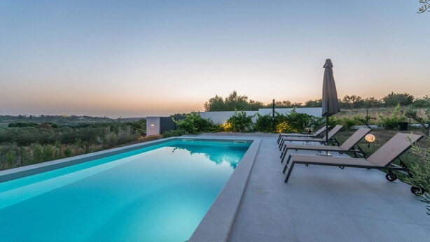 A swimming pool with lounge chairs and an umbrella, surrounded by greenery and a view of the landscape.