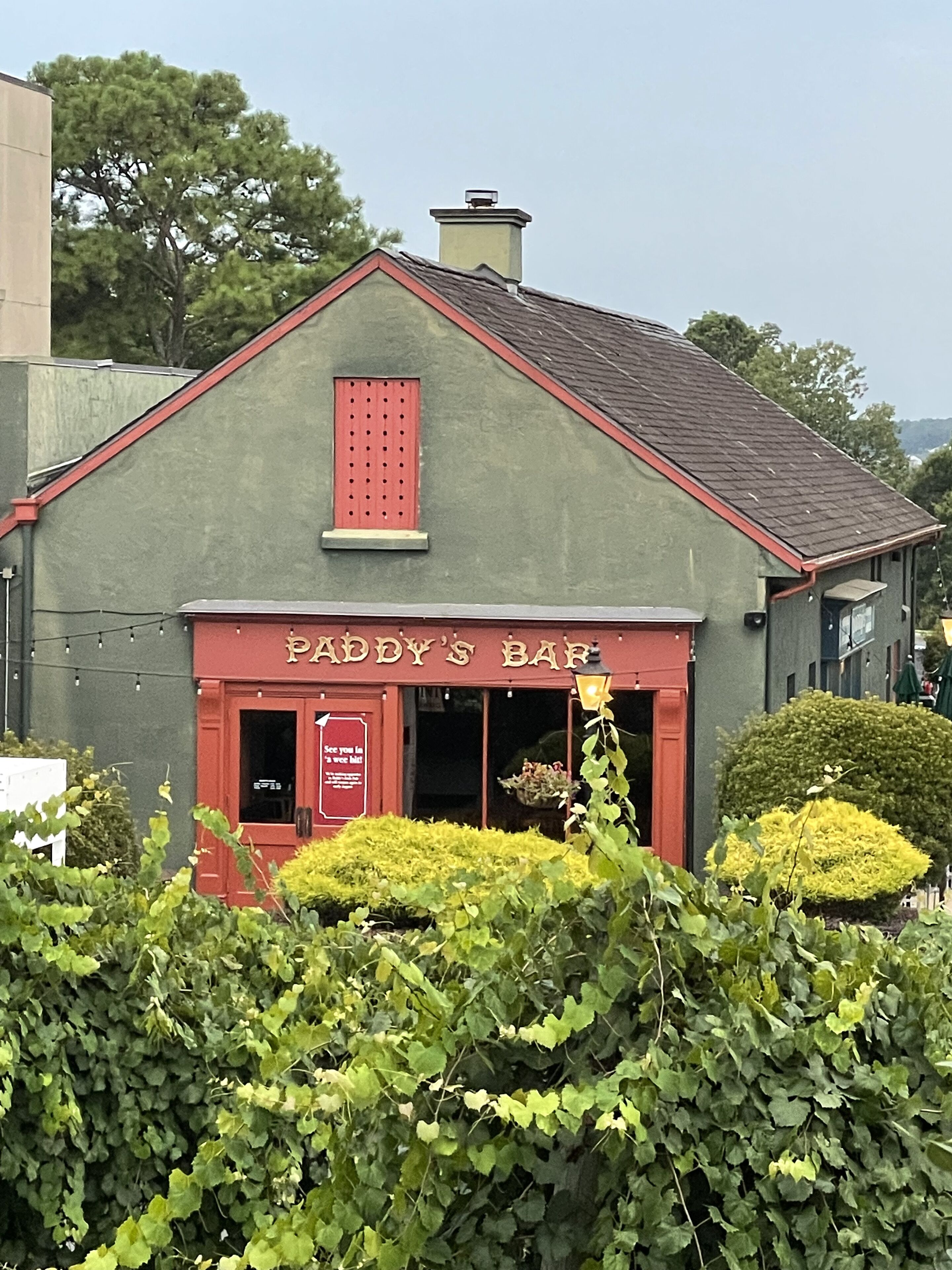 A building with a sign reading "Paddy's Bar" and a red door.