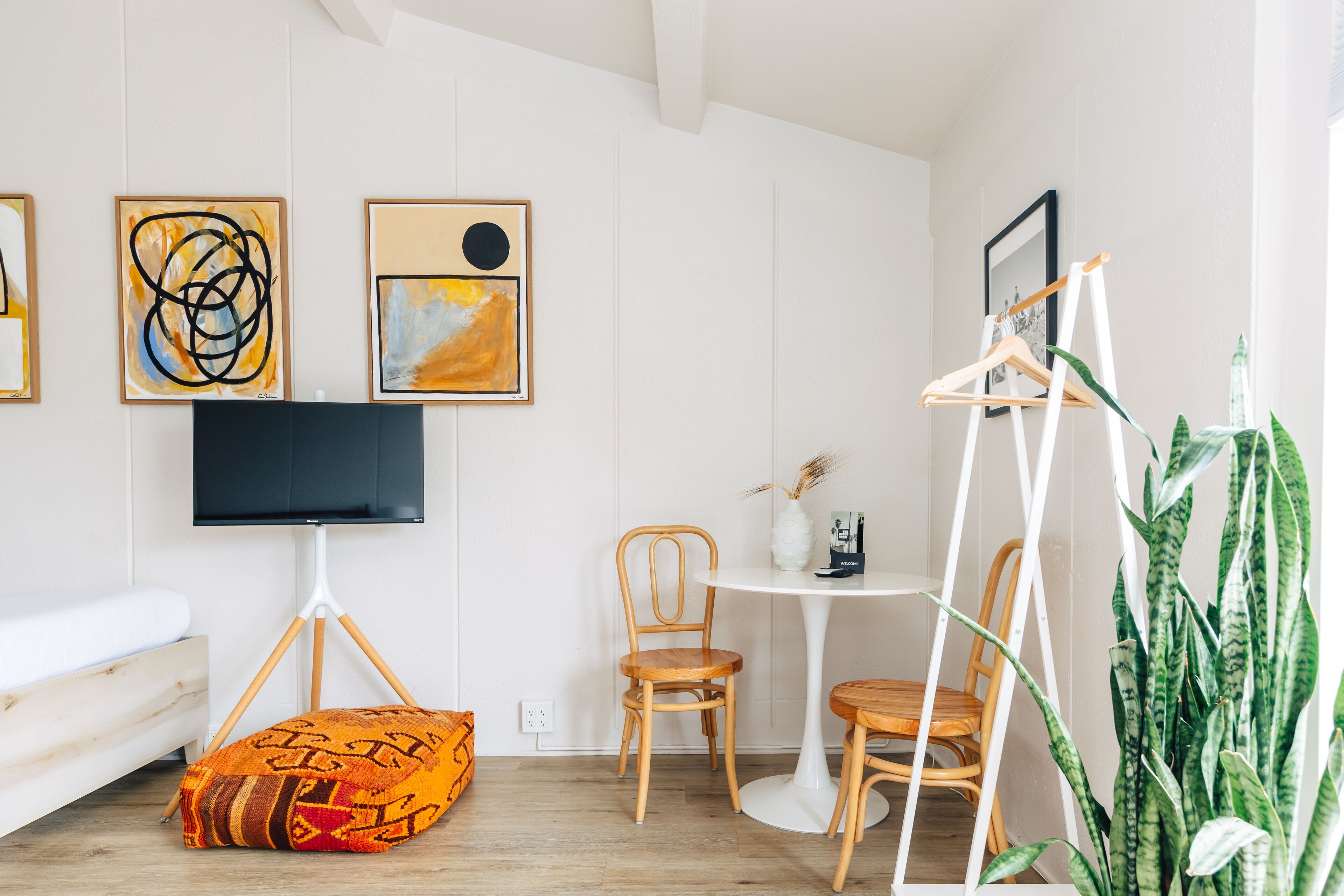 A modern living room with a white sofa, a wooden dining table, and a television mounted on a white stand. There are abstract paintings on the wall and a large green plant in the corner.