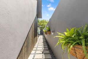 Un étroit sentier bordé de murs gris, avec des plantes en pot et un petit espace jardin visible au loin.