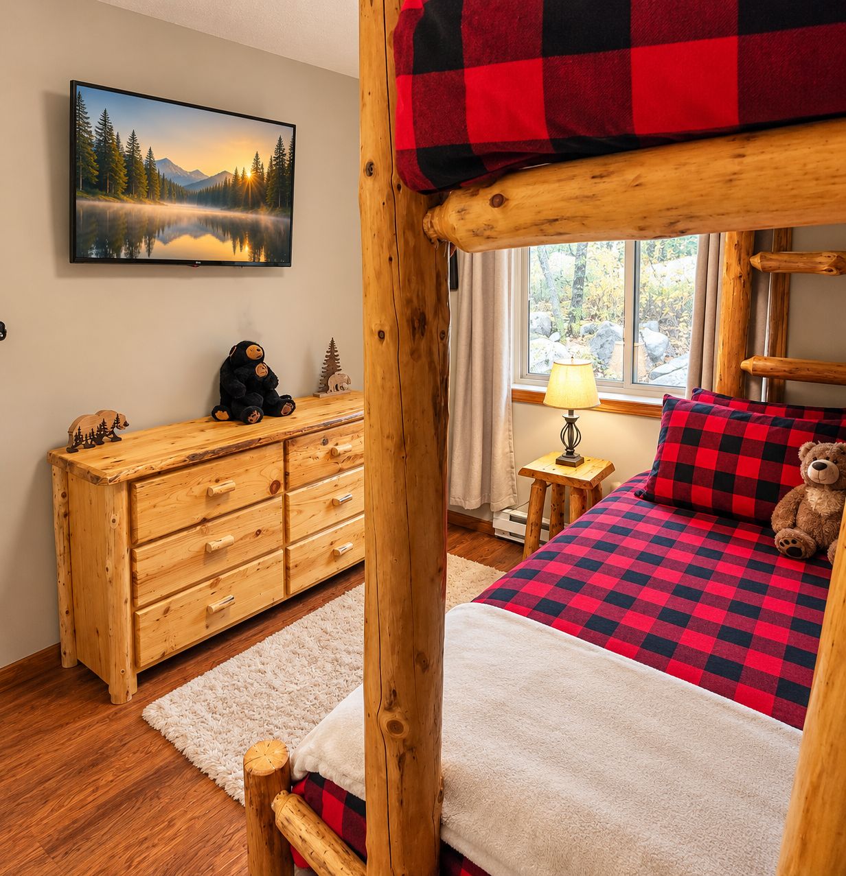 Cozy rustic bunk room with log beds and charming cabin-style decor
