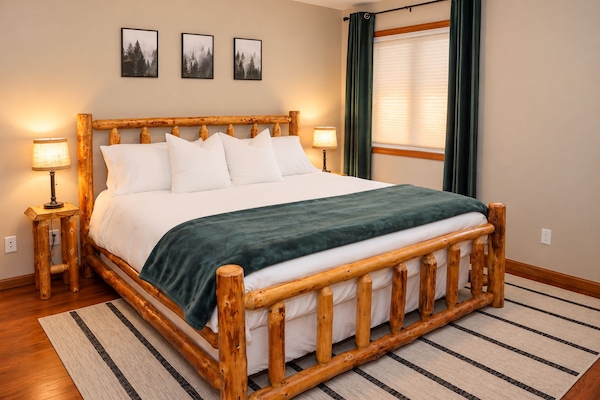 Cozy rustic king bedroom with lodge charm and plush bedding