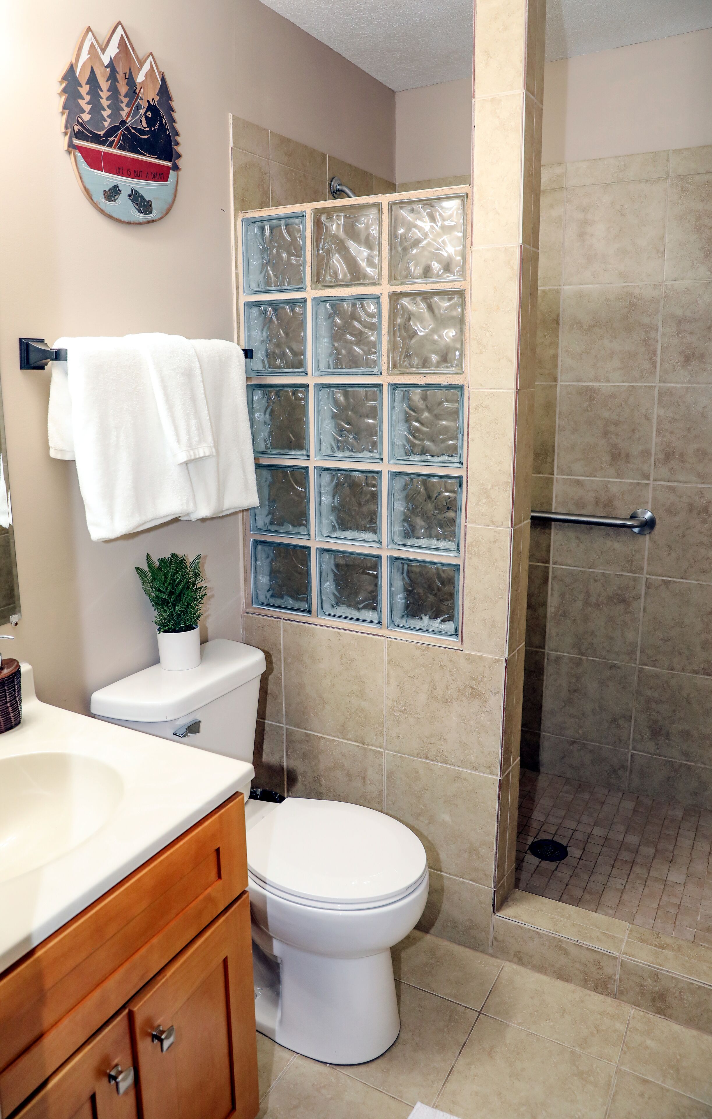 Combined shower/tub, hair dryer, towels, soap