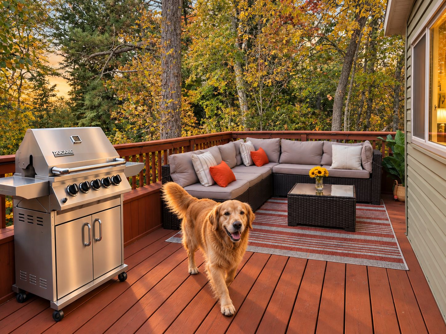 Private wooded deck with grill, cozy lounge seating, and pet-friendly charm
