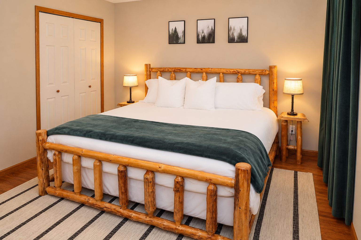 A bed with a wooden frame, white bedding, and a green throw. There are two bedside tables with lamps.