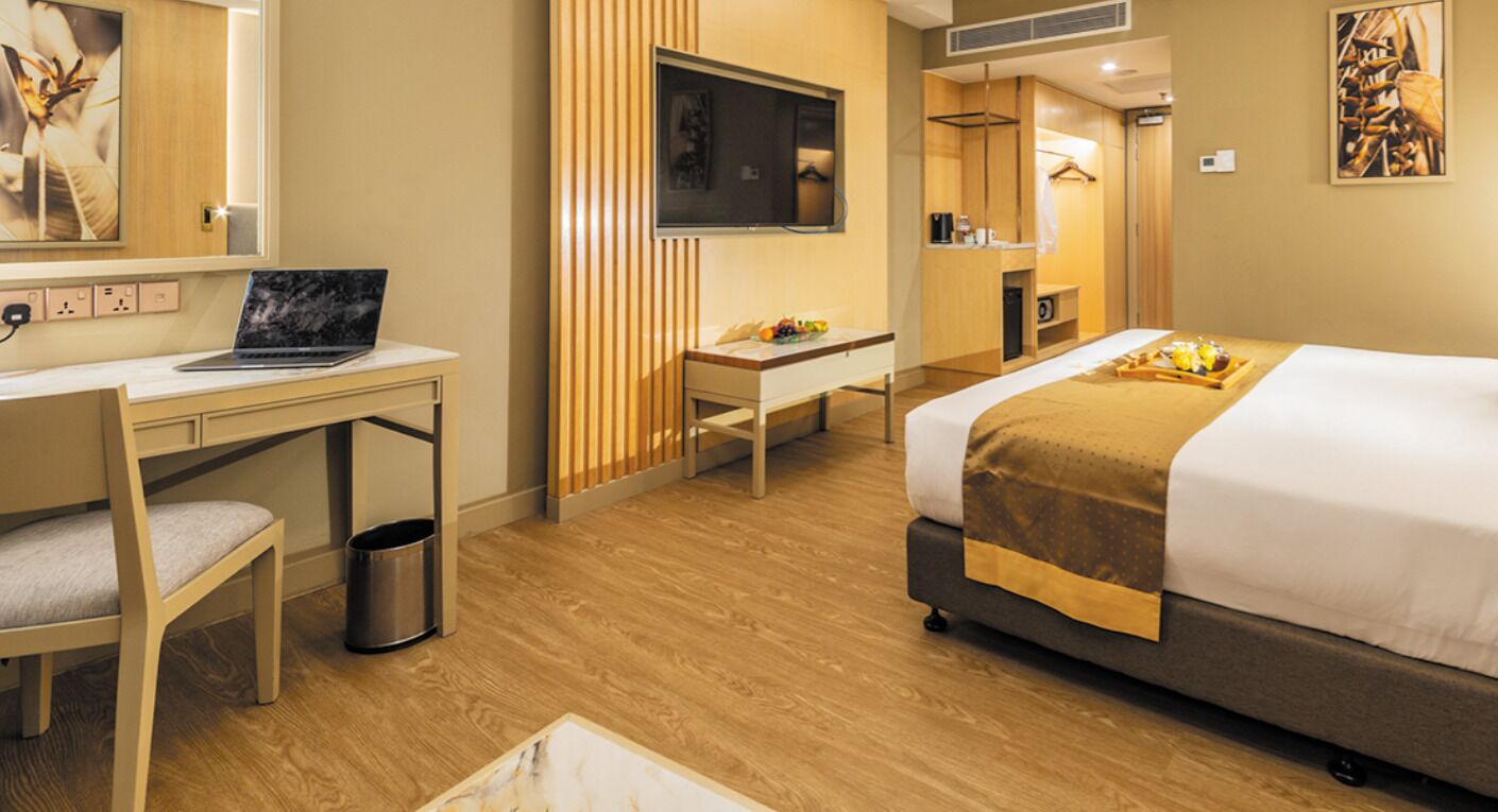 Minibar, desk, laptop workspace, iron/ironing board