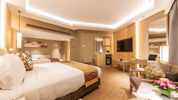 Minibar, desk, laptop workspace, iron/ironing board