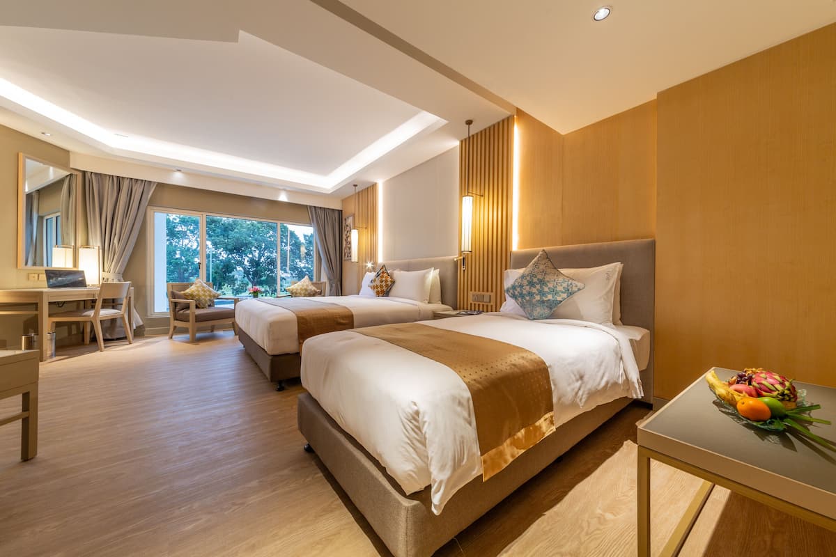 Minibar, desk, laptop workspace, iron/ironing board