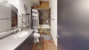 Shower, hair dryer, shampoo