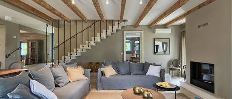 TV, fireplace, video games, foosball