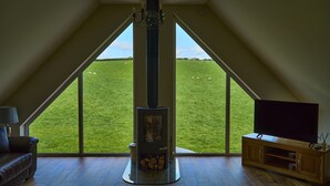 Una habitación con un tragaluz grande, una chimenea, un televisor y un armario de madera.