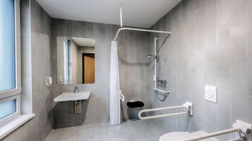 Shower, rainfall showerhead, hair dryer, towels