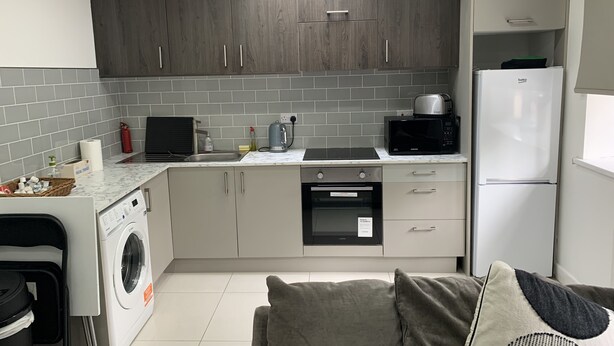 A modern kitchen with grey cabinets, a built-in microwave, a kettle, and a refrigerator. - 1bed Bungalow in the Heart of Moseley (Birmingham)