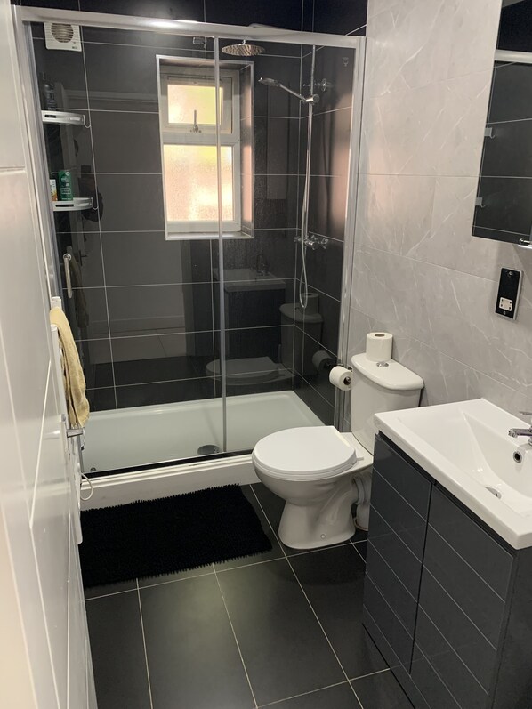 Shower, hair dryer, towels, soap