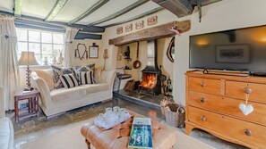 TV, caminetto, libri, impianto stereo