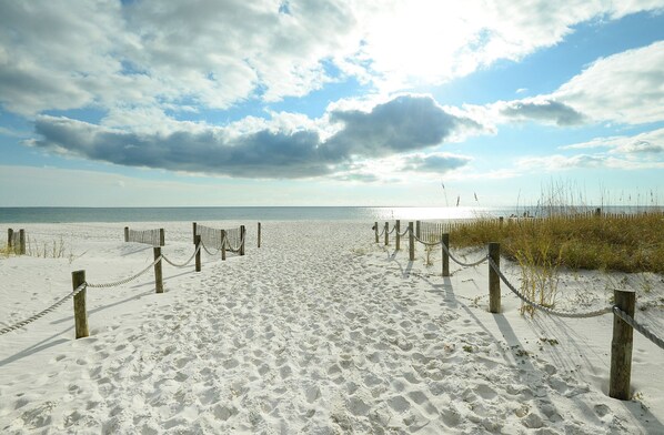 On the beach, sun-loungers, beach towels