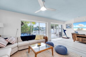 Smart-TV, DVD-spiller, bøker og stereoanlegg