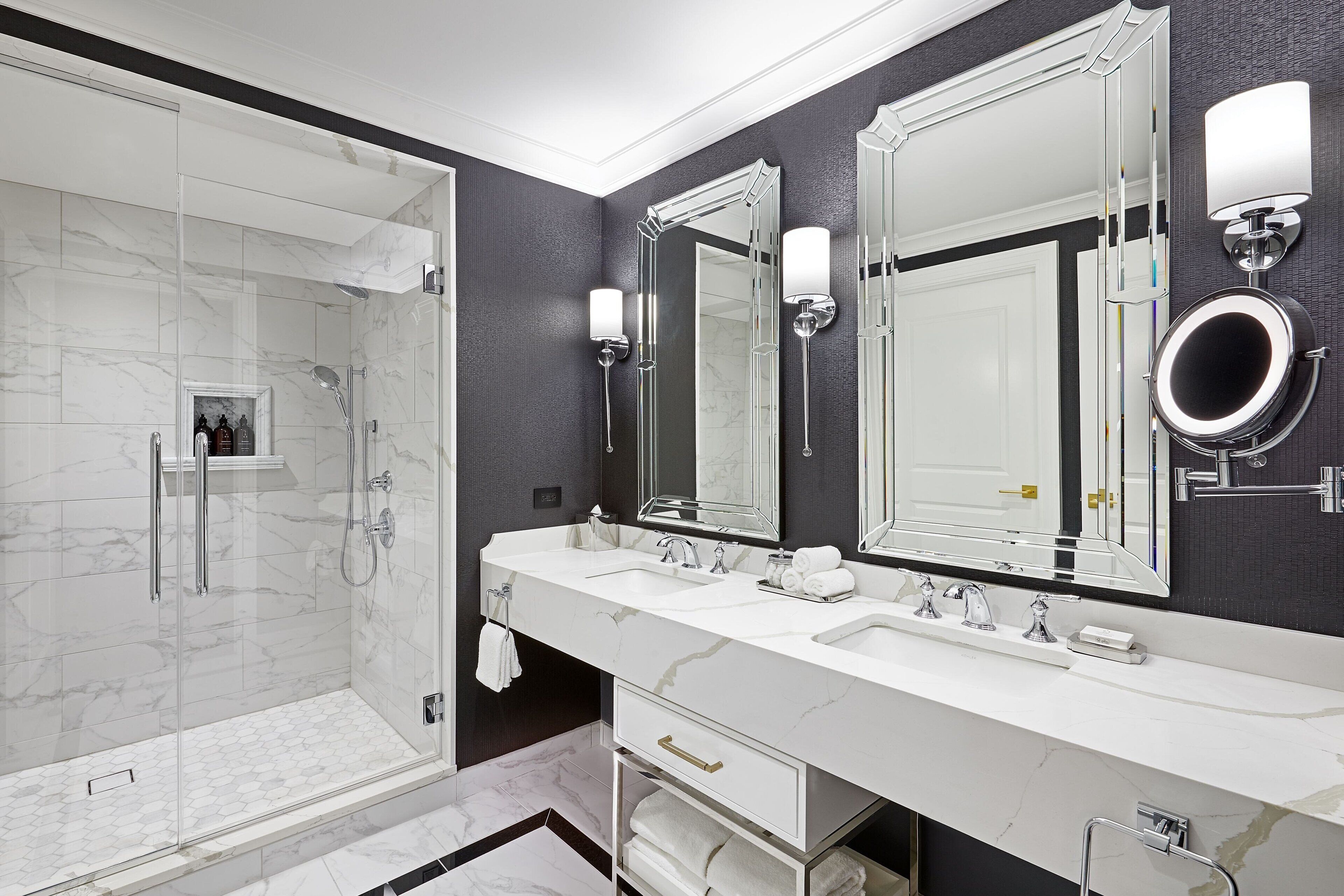 designer toiletries, hair dryer, bathrobes, slippers