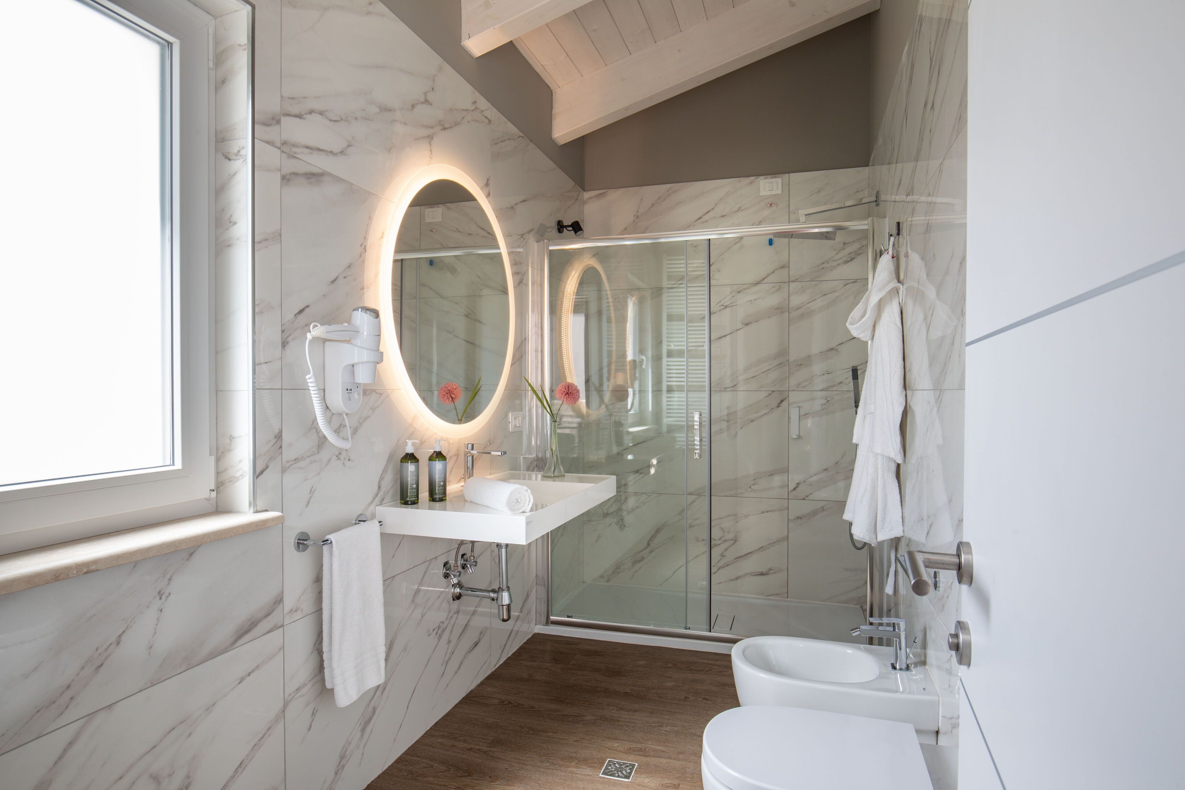 superior double or twin room | bathroom | shower, hair dryer, towels, soap