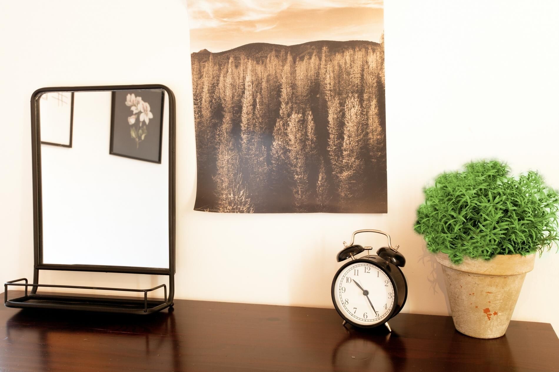 A desk with a black alarm clock, a potted plant, and a framed picture on the wall.