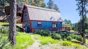 A rustic cabin with a metal roof, surrounded by lush greenery and trees. - Mama Bear's Den by Ruidoso Vacation Rentals (Ruidoso)