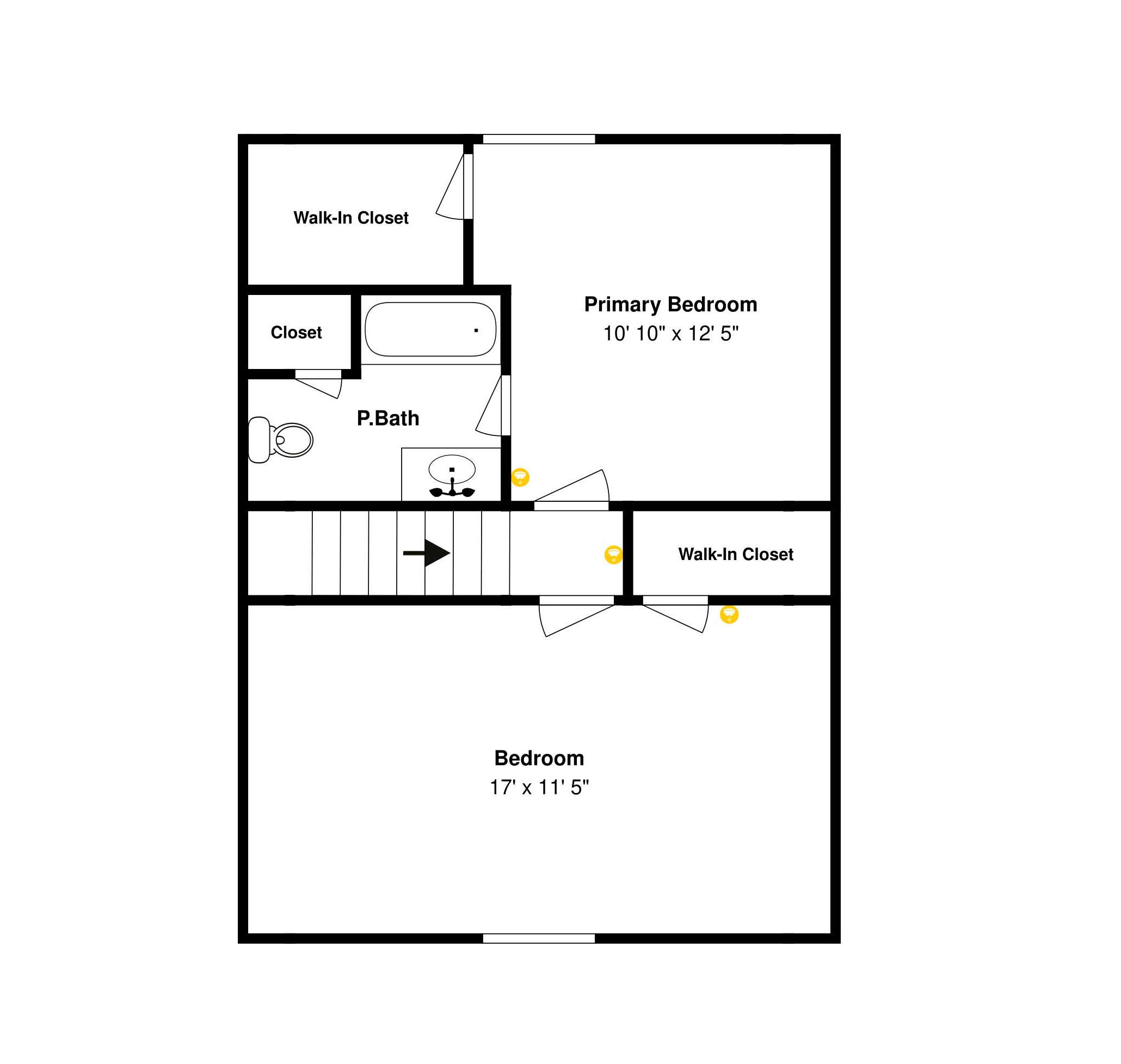 A floor plan of a hotel room with a primary bedroom measuring 10' 10" x 12' 5", a walk-in closet, a P.Bath, and a separate bedroom measuring 17' x 11' 5".